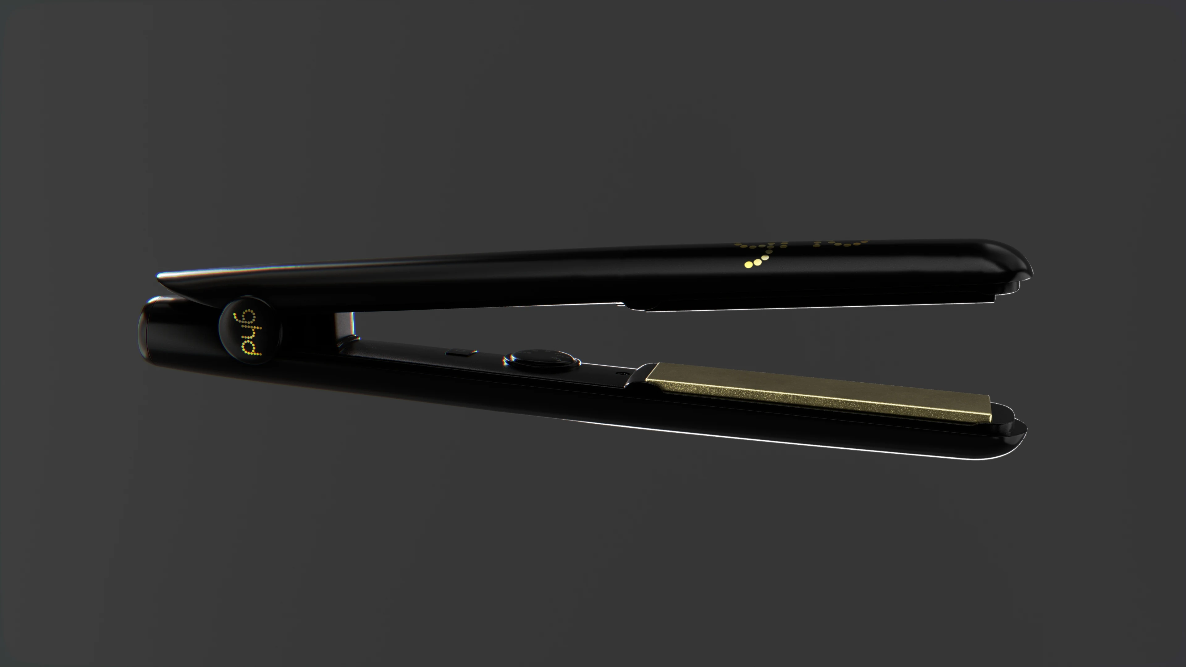 Open black and gold ghd Gold hair straightener in a side profile render.