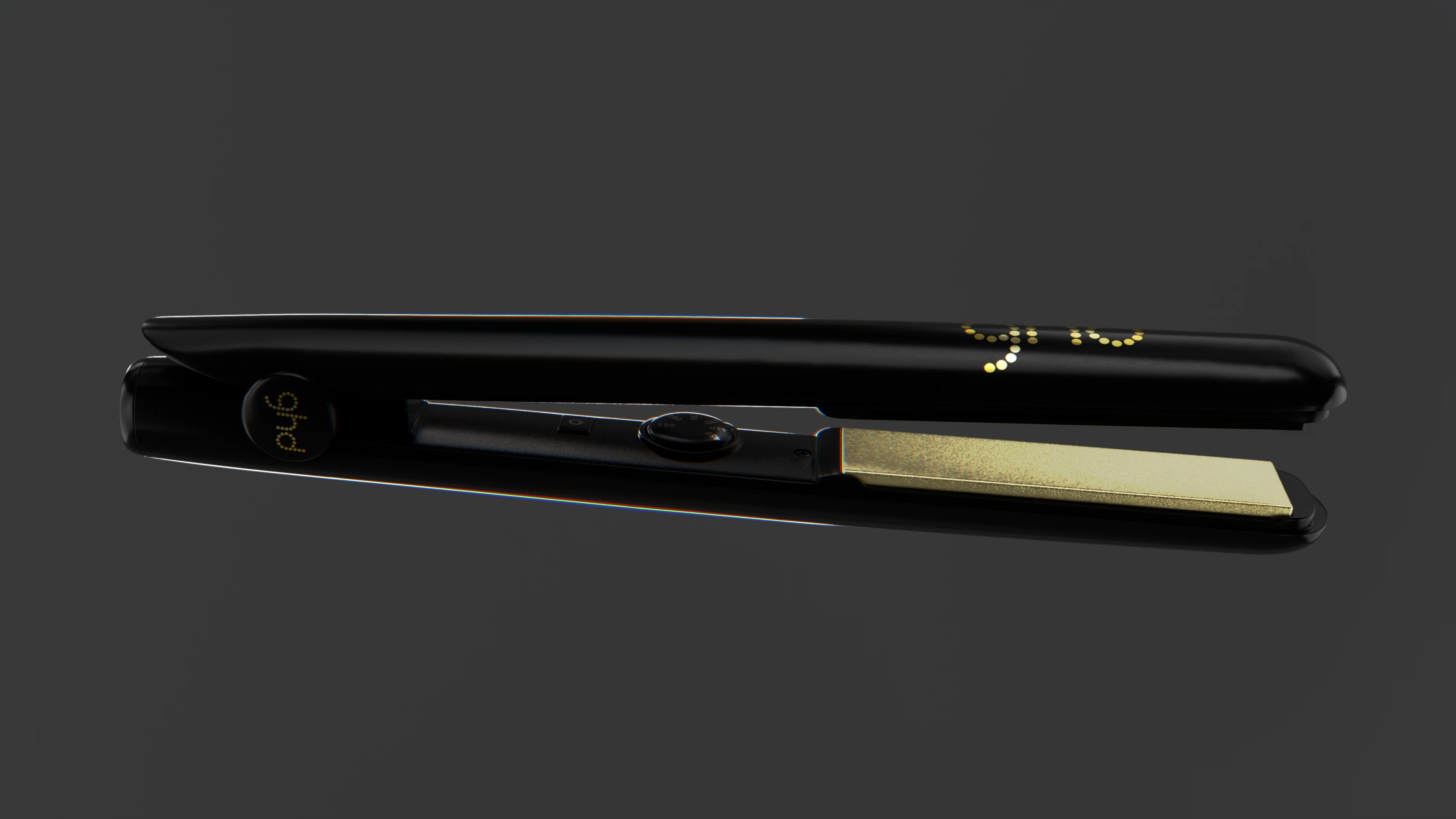 Black and gold ghd Gold hair straightener slightly open in a 3D render.